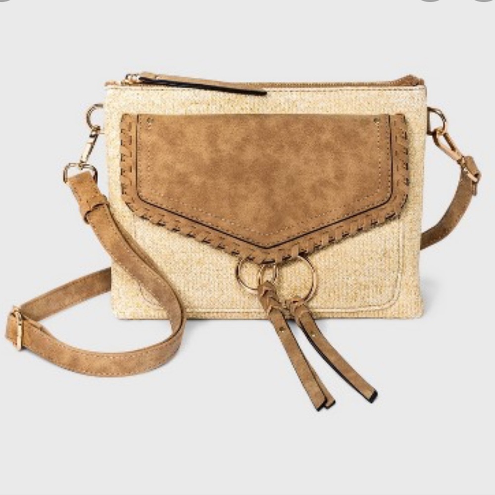 VR NYC natural straw & suede crossbody bag purse
